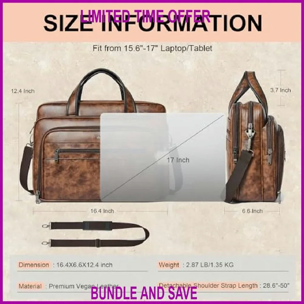 17 Inch Leather Laptop Messenger Bag Water-Resistant Large Shoulder Satchel
